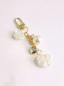 Elegant 1pc Big Pearl & Flower & Heart Shaped Keychain With Gold-Tone Clasp - A - View 5