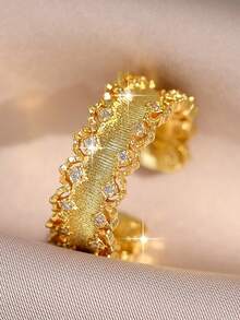 1pc Minimalist Chic Openable Gold-Plated Ring, Elegantly Embedded Cubic Zirconia Charm Ring, Suitable For Bride, Engagement, Wedding, Girlfriend Birthday, Date Gift - Yellow Gold - View 8