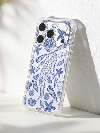 1个极简海洋度假风格鲸鱼、鲨鱼、海星、贝壳透明软手机壳，防滑防震，兼容苹果/