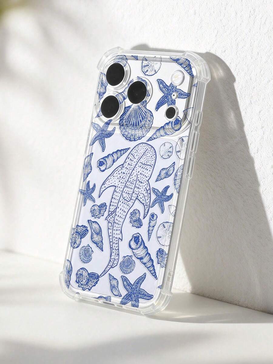 1个极简海洋度假风格鲸鱼、鲨鱼、海星、贝壳透明软手机壳，防滑防震，兼容苹果/ - 彩色 - 查看 1