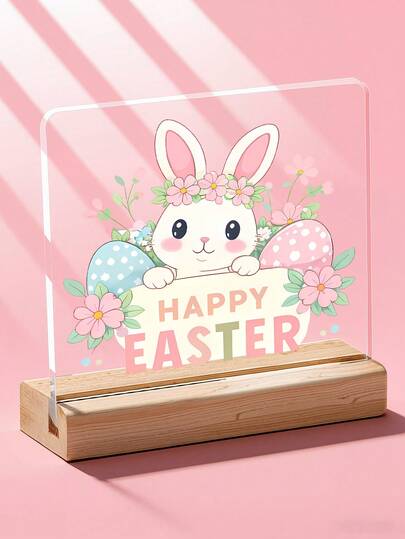 1 Pc Happy Easter Bunny Acrylic Desk Plaque Spring Holiday Tabletop Decoration For Home Office Bedroom Room Decor Aesthetic Easter Gift For Women Friends Sisters Teachers Birthday Gifts,Easter Decorations, Easter Gifts, Home Decor, Party Decorations, Table Decorations