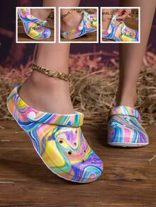 可调节宽松平底凉鞋，适合花园、休闲、旅行、海滩等场合，包头设计 - 彩色 - 查看 1