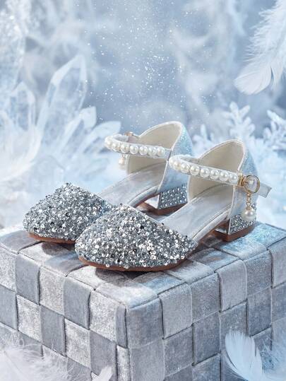 1 Pair 2026 New Silver Girl's High Heel Pumps, Fashionable Elegant Princess High Heels, Decorated With Pearl Chain And Glitter Rhinestone, Suitable For Banquet, Ball, Wedding, Party, Performance, Family Gathering, Outdoor Wear