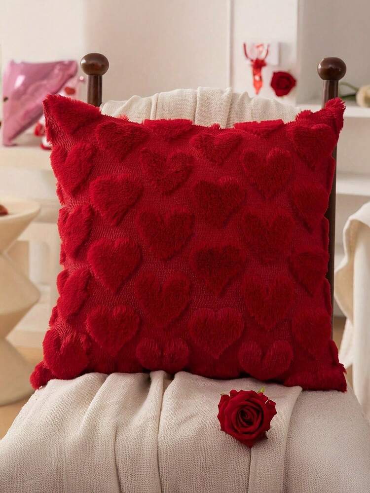 2pcs Valentine'S Day Heart Throw Pillow Covers 18x18 Inch - Red Plush Faux Fur Jacquard Decorative Covers With Zipper Closure, Soft Corduroy-Like Texture, Hand Wash Only For Sofa, Bed, Living Room - Romantic Home Decor (No Batteries/Electricity) - 紅色(2 件) - 查看 4