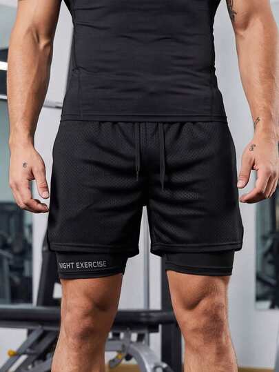 Pantalones cortos de gimnasio para hombres 2 en 1, pantalones cortos de entrenamiento transpirables y de secado rápido con estampado, adecuados para correr y hacer ejercicio al aire libre en primavera/verano