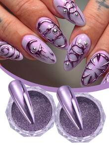 2pcs Purple Mirror Metallic Powder, Purple Matte Metallic DIY Y2K Style Charming Nail Art Powder Decorations - Purple - View 3