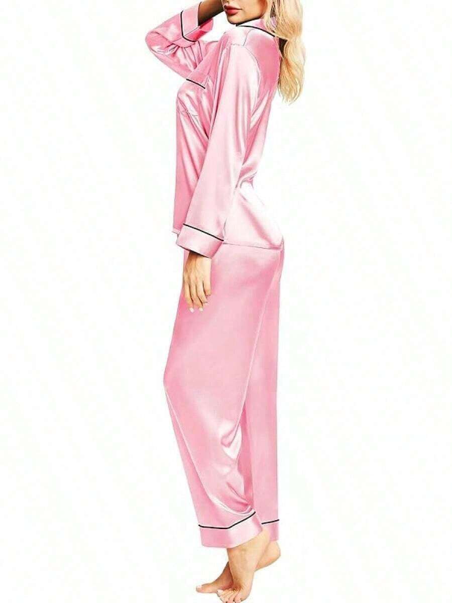 Valentine's Day Limited High-End Fashion Satin Silk Women's Pajama Set Long Sleeve Button-Down Sleepwear XS-3XL Comfortable Warm Loungewear - Hồng - Xem 1