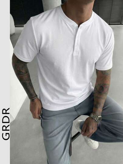 GRDR 1pc Men's Casual Henley Neck Short Sleeve T-Shirt, Summer