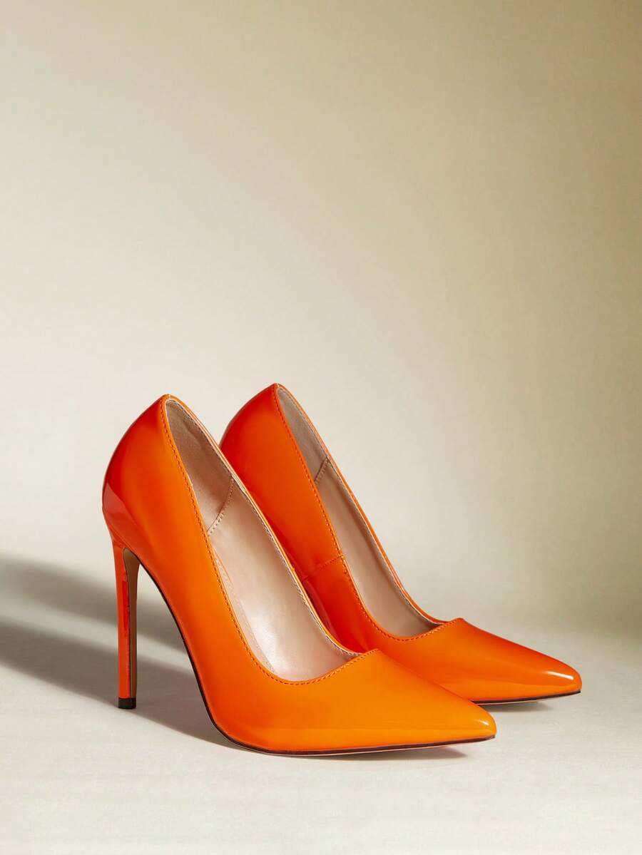 女士尖头细高跟橙色套脚高跟鞋，性感时尚，适合派对装扮 - 橘色 - 查看 1