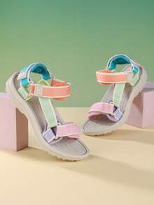 1 par de sandalias planas de color simple con diseño de cierre de gancho y bucle tejido, cómodas y frescas, unisex, adecuadas para usar en verano - Rosa - Ver 5