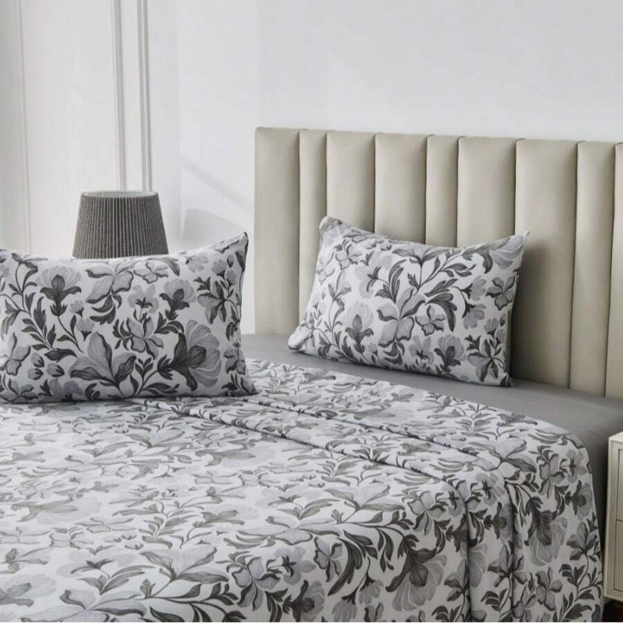 Soft Touch Printed Sheet Set Fitted & Flat Bed Sheet With Pillowcases All Season - LuluGrey - View 1