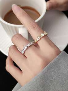 1pc Adjustable Bridal Party Ring, Gold/Silver Crossed Cubic Zirconia Double Row Rhinestone, Suitable For Wedding, Party, Casual Wear - Silver Ladder - View 3