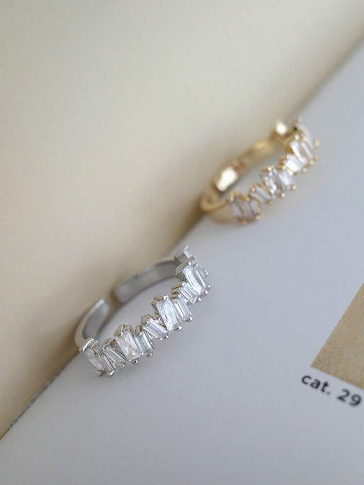 1 pieza Anillo de novia ajustable, con doble hilera de diamantes de imitación y circonitas cúbicas cruzadas en oro y plata, ideal para bodas, fiestas y uso informal. - Escalera de plata - Añade 4