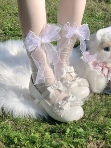 1 Pair Women's Summer Thin Criss-Cross Organza Pearl Bow Mid-Calf Socks - White - View 1