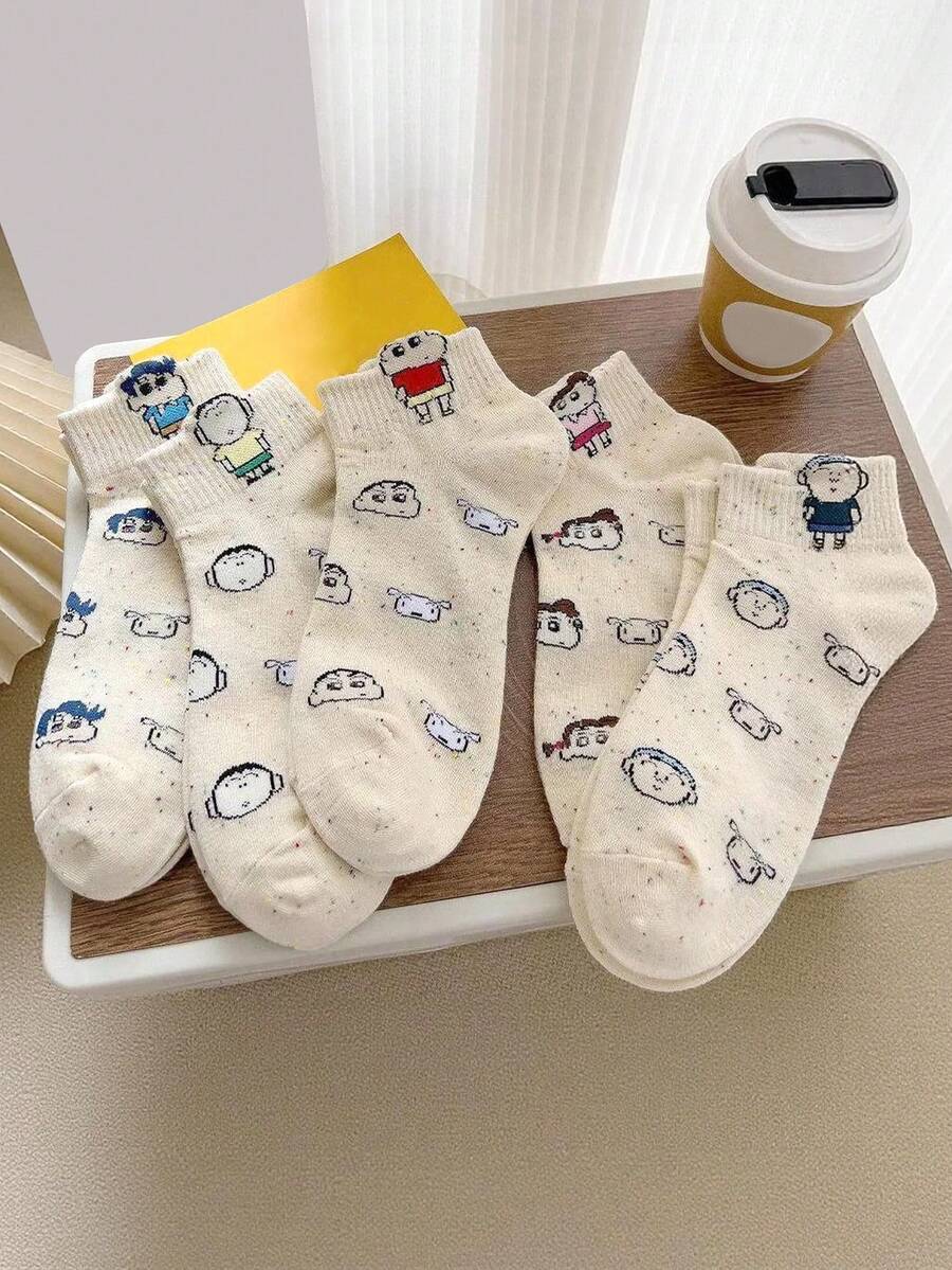 CRAYON SHINCHAN 5 Pairs Women's Crayon Shin-Chan Cartoon Pattern Soft & Comfortable Ankle Socks - Multicolor - View 1