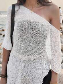 新款春夏女士白色轻薄不对称肩针织罩衫，针织面料，质感面料，度假风，宽松垂坠，显瘦，适合度假穿着，波西米亚风，性感，女士夏季 - 白色 - 查看 6