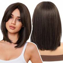 Brown Ombre Bangs Wig, Women's Shoulder Length Layered Bangs Wig, Heat Resistant Synthetic Fiber Wig - Brown - View 1