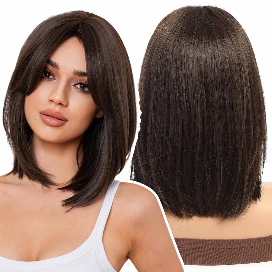Brown Ombre Bangs Wig, Women's Shoulder Length Layered Bangs Wig, Heat Resistant Synthetic Fiber Wig - Brown - View 1