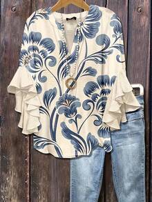 Women's Leopard & Floral Print Ruffle Sleeve Blouse - V-Neck Button- Shirt With Ruffled Hem-Like Collar, 7/8 Length Non-Stretch Top For Spring Summer Fall, Casual & Dressy Wear (Leopard & Botanical Patterns) - Hand Wash/Dry Clean - 藍色 - 查看 1