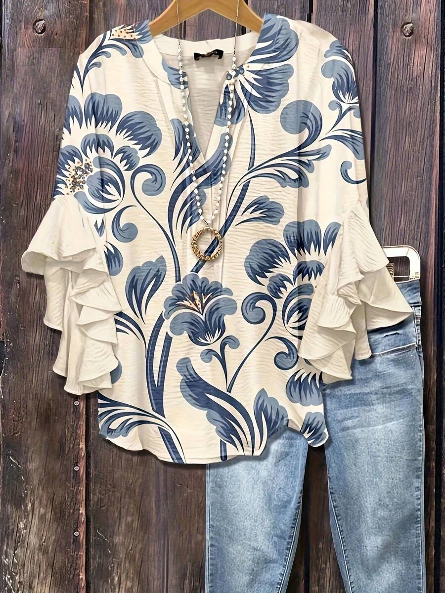Women's Leopard & Floral Print Ruffle Sleeve Blouse - V-Neck Button- Shirt With Ruffled Hem-Like Collar, 7/8 Length Non-Stretch Top For Spring Summer Fall, Casual & Dressy Wear (Leopard & Botanical Patterns) - Hand Wash/Dry Clean - 藍色 - 查看 1