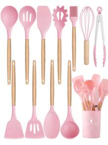 Meoky 12pcs Wooden Handle Silicone Kitchen Utensil Set, Heat Resistant Non-Stick Cooking & Baking Tools, Suitable For Kitchen - Pink - Regular - View 2