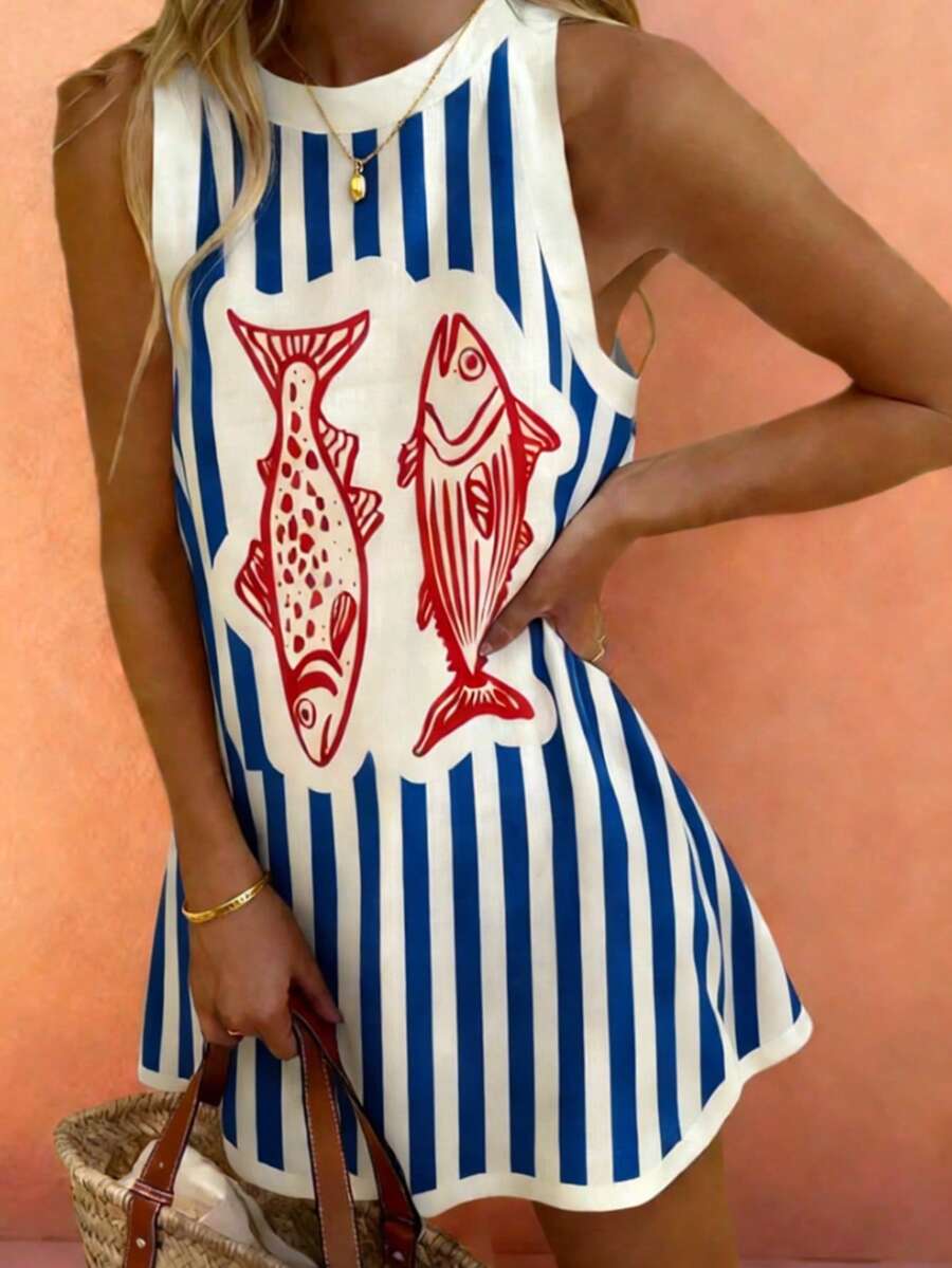 Đầm không tay họa tiết cá sọc tương phản, phong cách Bohemian mùa hè, thoải mái, giản dị, cổ điển, dành cho nữ, thích hợp cho bữa ăn trưa hoặc tiệc nhẹ. - Màu xanh lam - Xem 1