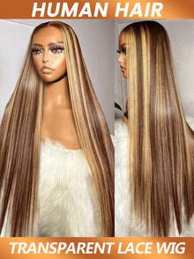 渐变色蕾丝前假发，真人发，13x4直发挑染假发，真人发，4/27色蜂蜜金透明蕾丝前假发，女士款，180%密度 - SP4/27 - 查看 4