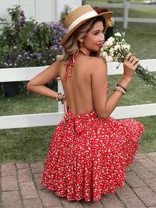 女士波西米亚风红色露背V领夏季连衣裙，无袖吊带性感露背修身腰部派对连衣裙，可爱蝴蝶结沙滩度假连衣裙 - 紅色 - 查看 7