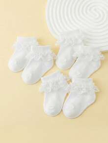 5 Pairs Baby Girls' White Elegant Lace Trim Socks, Loose Cuff, Comfortable & Breathable - White - View 2