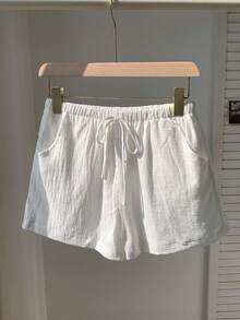 女士休闲白色阔腿短裤，采用时尚系带前襟设计和梭织无弹力面料 - 白色 - 查看 4