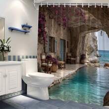 1pc Mediterranean Shower Curtain Suitable For Bath & Shower - Rustic Stone Cave With Turquoise Ocean View, Bougainvillea & Shutters, Machine-Washable Fabric, 12 Hooks Included, Fits Tubs, Mediterranean Bath Decor 66x72 Inches HSY - A - Xem 2