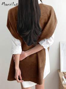 大码女式套头毛衣，休闲舒适V领无袖针织上衣 - 咖啡棕 - 查看 5