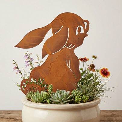 1pc Metal Garden Decor With Large Rabbit Design - Suitable For Valentine's Day, Wedding, Easter, Garden Decoration, Outdoor Patio Etc. - Natural Distressed Finish, No Electricity Required