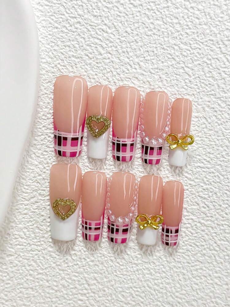 10pcs Luxury French Style Acrylic Nail Art Set, Includes Gold Hollow Heart, Bow Tie Nail Decor, White Faux Pearl Accents, Hand-Painted Striped & Checkered Patterns Nails Nail Supplies Handmade Press On Nails - 彩色 - 查看 4