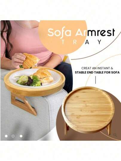 Round Sofa Arm Tray Table,Portable And Foldable Bamboo Sofa Armrest Clip-On Tray,Waterproof Couch Arm Clip Table For Drinks Snacks Remote Control Phone