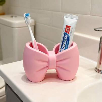 1pc Adorable Bow-Shaped Toothbrush & Pen Holder Stand - Plastic Freestanding Bow Accent For Bathroom, Bedroom - Cute Toothbrush & Pen Display For Access