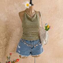 Fashionable Solid Color Sexy Fitted Backless Knit Camisole Top, Suitable For Valentine's Day, Casual Daily Wear, Party - Green - View 4