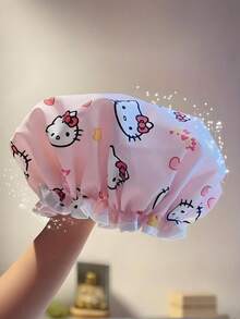 Sanrio 1pc Cat-Shaped Shower Cap - High Quality Double-Layer Design With Cartoon Heart And Star Patterns, Suitable For Women's Home Use As A Shower Cap - A - View 6