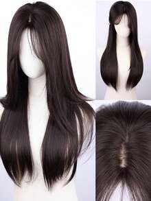 Peluca sintética recta de 28 pulgadas de largo elegante para mujeres, fibra resistente al calor, gorro de red de rosa, densidad del 150% - perfecta para uso diario y de fiesta, 70 cm, especial - Marrón - Ver 3