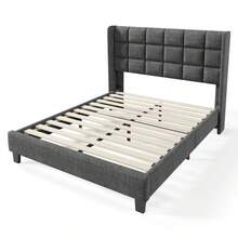 Upholstered Bed With Its Padded Headboard, Double Bed With Slatted Base, 140x200cm, In Grey Linen, Medium Firm (Without Mattress) - Grey + Linen + 140cm*200cm - View 10