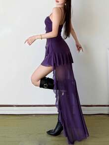 Đầm hai dây trễ vai ôm sát eo cao thời trang màu trơn Top Dazzle - Màu tím - Xem 3