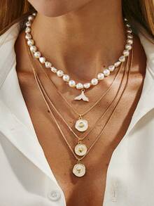 4件套海洋假日几何链条项链，仿珍珠串珠，贝壳，扇贝，鱼尾吊坠，优雅奢华，适合婚礼、派对、海滩、休闲、街头风格，女士及情侣款，假日、生日礼物 - 金色 - 查看 4