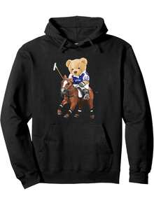 Cool Teddy Bear Playing Horse Polo Game Illustration Graphic Pullover Hoodie - Black 2 - View 1