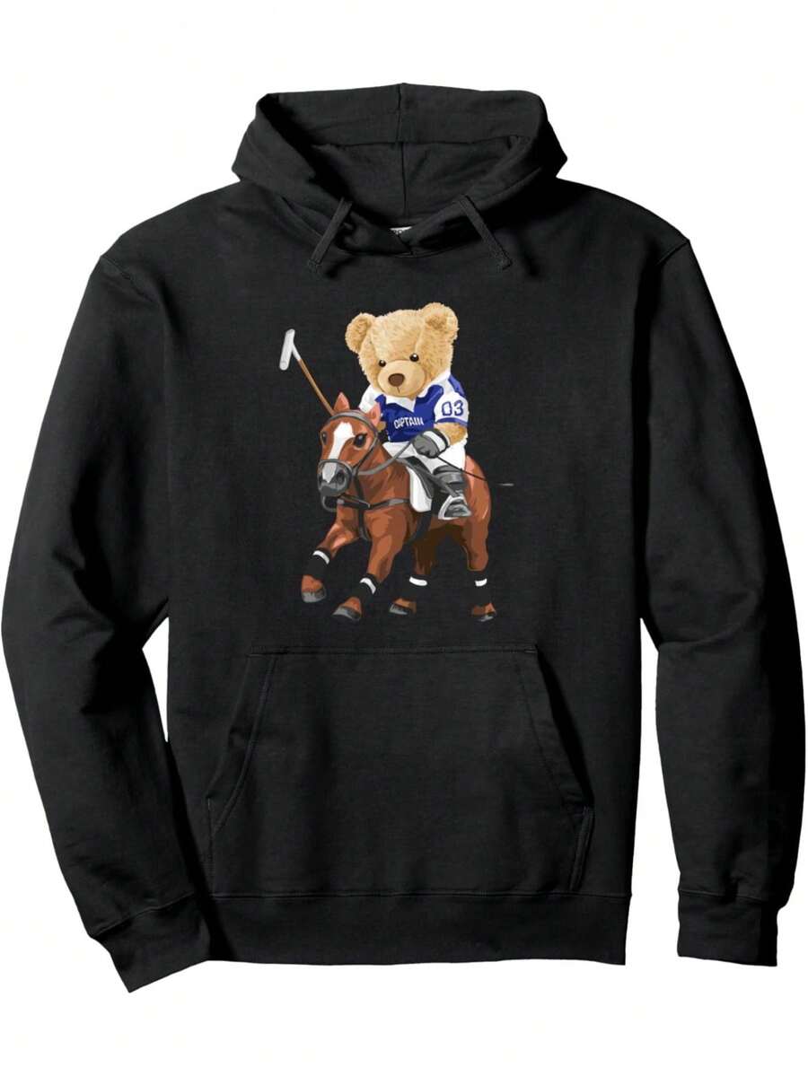 Cool Teddy Bear Playing Horse Polo Game Illustration Graphic Pullover Hoodie - Black 2 - View 1