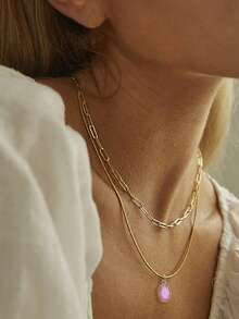 2件套简约休闲女士项链，粉色椭圆形立方氧化锆吊坠格子项链（链扣和珠子数量随机） - 金黃色 - 查看 1