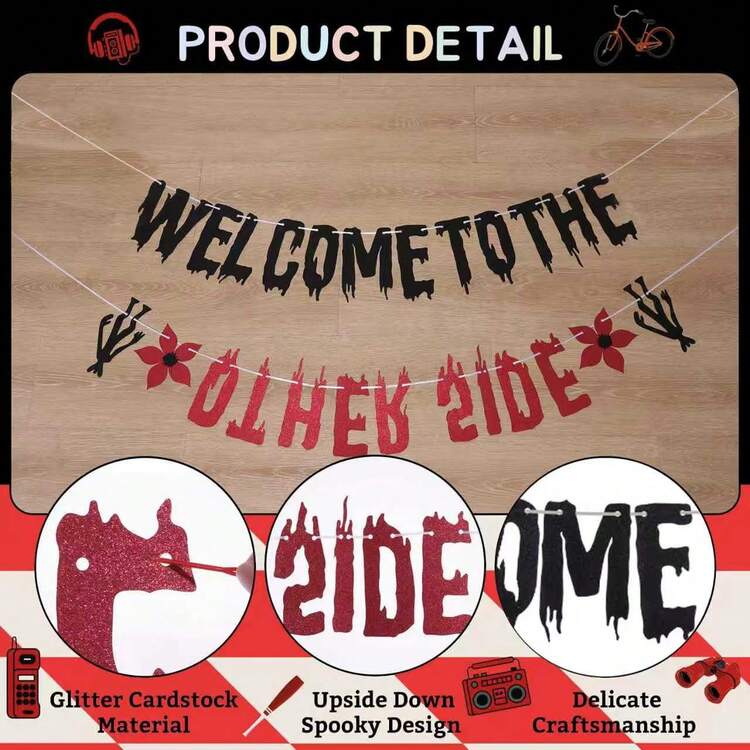Glitter Welcome To The Other Side Banner For Birthday Party Decorations Upside Down Banner Stranger Party Decorations For Boys Girls Spooky Theme Party Supplies Birthday Backdrop Wall Decors Photo Props - Multicolor - View 2