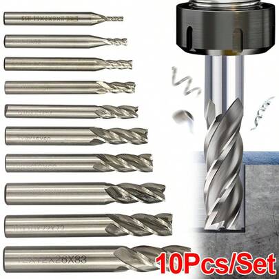 10pcs End Mill Set 4 Flute 2-12mm HSS CNC Milling Cutter Slot Drill Steel