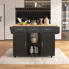 139x46 (71) X91.5cm Large Trolley / Dining Table, Solid Wood Case + Panel, Folding Panel, Wheel, Replaceable Solid Wood Leg, Suitable For Dining Room, Kitchen, Multicoloured Optional. - Black - View 3