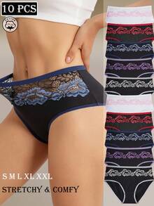 10 Peças/Pacote Calcinhas Elegantes de Cintura Alta com Estampa Floral Feminina, Suave, Respirável, Elástica e Confortável para Uso Diário com Acabamento em Renda - Multicolorido - Visão 2