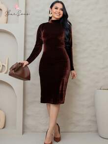 Crystal Velvet Long Sleeve Midi Dress Autumn Winter - Rust Brown - View 3